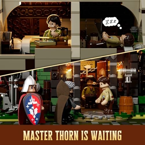 LEGO medieval scene with characters inside a building, showcasing the set's ability to create a truly immersive experience.