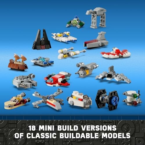 18 mini build versions of classic LEGO models on blue background.