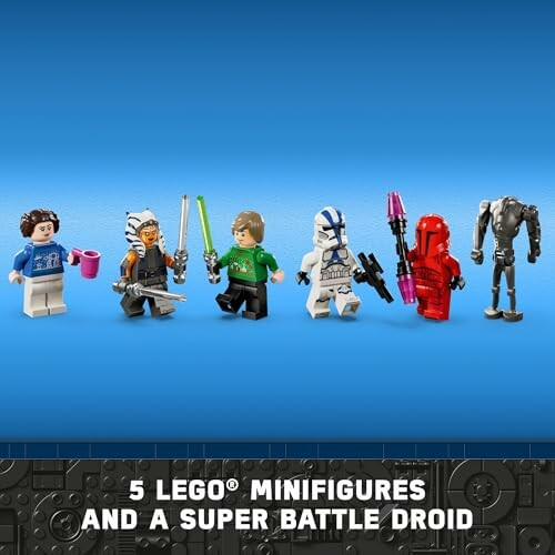 Five LEGO minifigures and a Super Battle Droid on display.