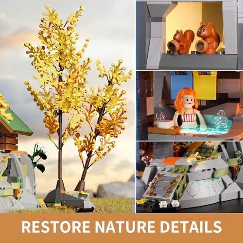 LEGO scenes with autumn tree, squirrels, and figures in a cave.