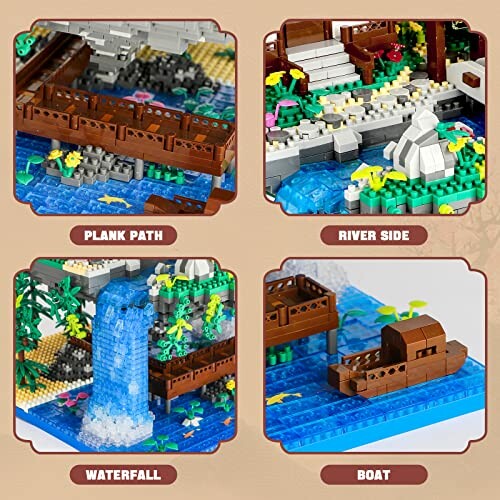 Lego nature scenes with plank path, river side, waterfall, and boat.