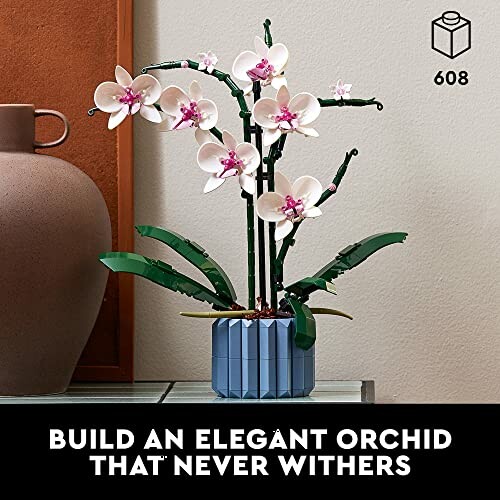 LEGO orchid set with vase and text 'Build an elegant orchid that never withers.'