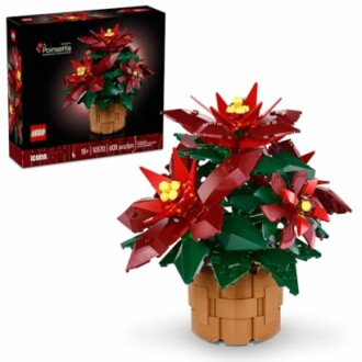 LEGO Poinsettia set with red and green pieces in a pot.