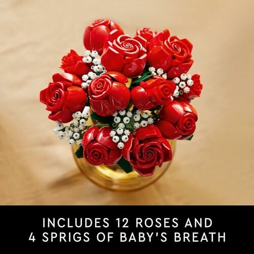 LEGO bouquet with 12 red roses and baby's breath on a gold surface.