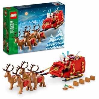 LEGO Santa sleigh with reindeer set display.