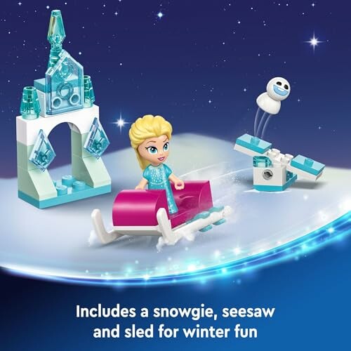 Lego set with character on sled, snow castle, and snowman figure.