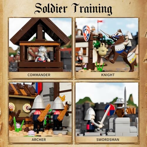 Lego figures in soldier training scenes: commander, knight, archer, swordsman.