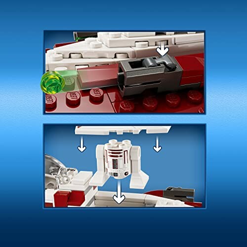 LEGO Star Wars spaceship build details with arrows pointing to features.