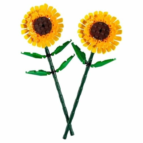 Two LEGO sunflowers with green stems and leaves.