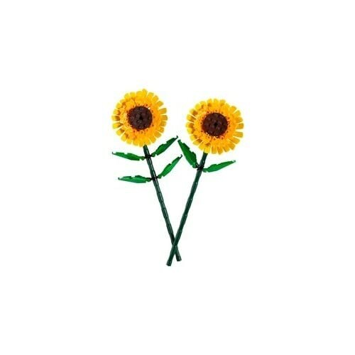 Two LEGO sunflowers with green stems and leaves.