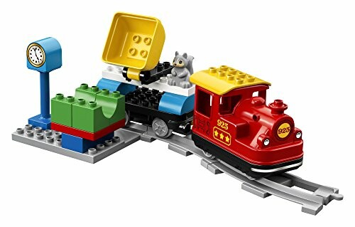 LEGO train set with locomotive, cargo, and clock.