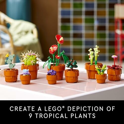 LEGO depiction of 9 tropical plants in pots