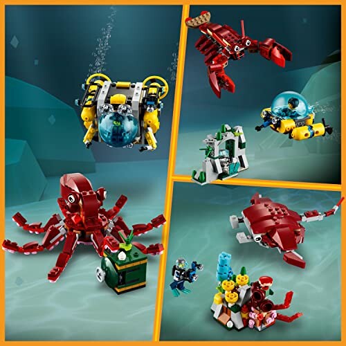 LEGO underwater sets with submarine, crab, octopus, and sea creatures