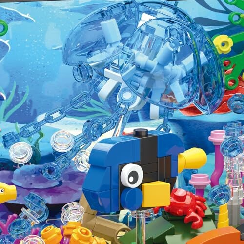 LEGO fish and jellyfish in an underwater scene.