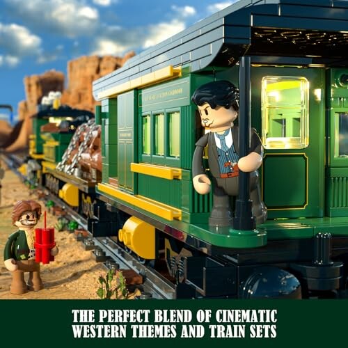 Lego figures on a Western-themed train set.