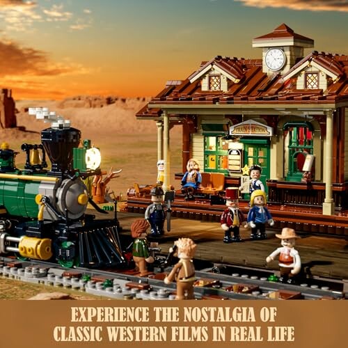 LEGO set depicting a Western train station with figures and a steam locomotive.