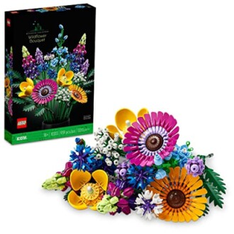 LEGO Wildflower Bouquet set with colorful flower pieces and box.