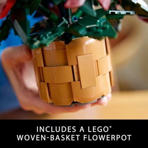 Close-up of a LEGO woven-basket flowerpot