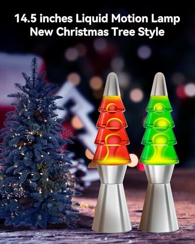 Two liquid motion lamps with Christmas tree style next to a small Christmas tree.