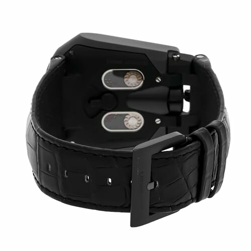 Back view of a luxury black watch with leather strap.