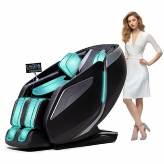 Modern black and teal massage chair with a woman standing beside it.