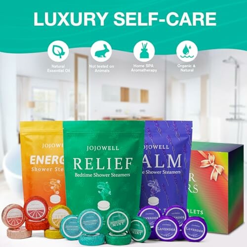 Luxury self-care products with shower steamers in various scents.