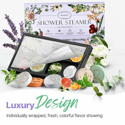 Luxury shower steamer set with colorful tablets and floral design.