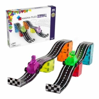 Magna-Tiles Downhill Race set with colorful tiles and toy cars.