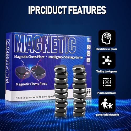 Magnetic chess piece game with features like brain power stimulation, thinking development, puzzle chessboard, and parent-child interaction.