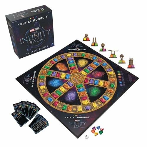 Marvel Infinity Saga Trivial Pursuit game board with cards and tokens.