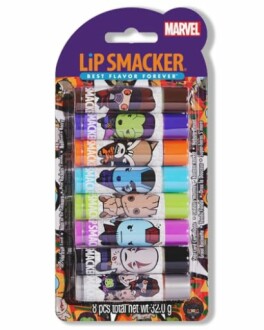 Marvel Lip Smacker set with eight flavored lip balms featuring character designs.