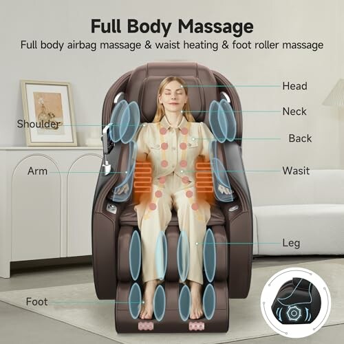 Woman relaxing in a massage chair with labeled body areas for massage.