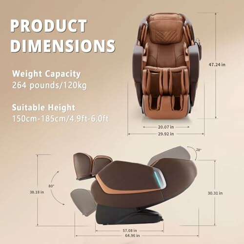 Reclining massage chair with dimensions and weight capacity displayed.