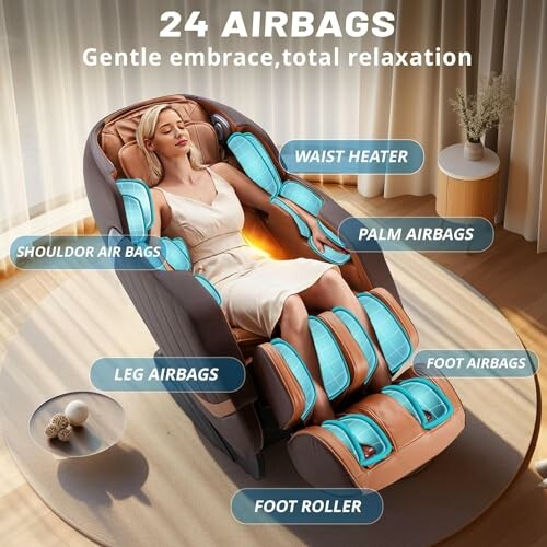 Woman relaxing in massage chair with highlighted features like airbags and rollers.