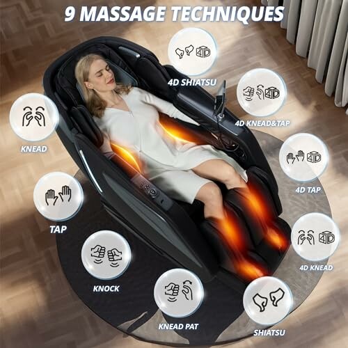 Woman in massage chair illustrating nine massage techniques with highlighted areas.