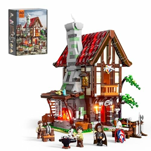 A LEGO medieval blacksmith set with figures and box, showcasing the building bricks and lighting accessories.