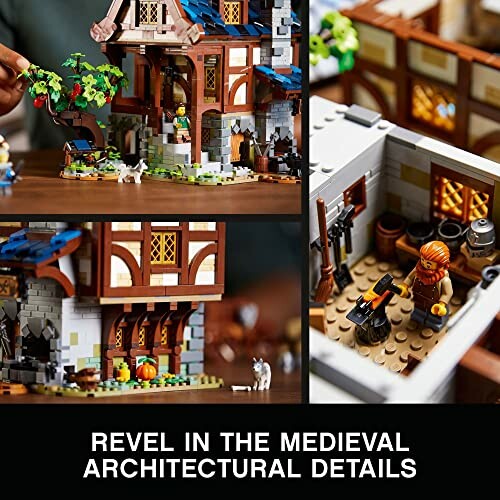 Detailed medieval LEGO set with architectural features and minifigures