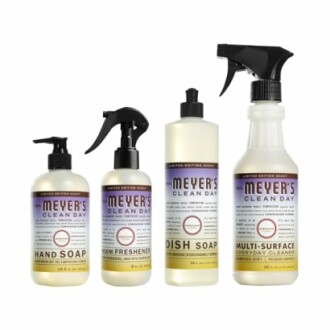 Meyer's Clean Day hand soap, room freshener, dish soap, and multi-surface cleaner bottles.