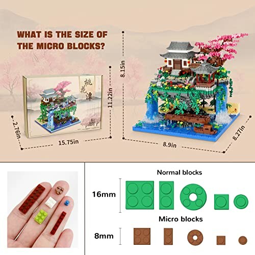 Image showing the size of micro blocks with a comparison to normal blocks, featuring a Japanese-style building model.