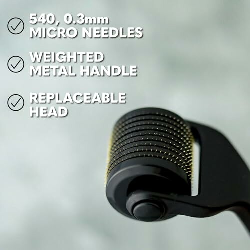 Microneedle roller with 540 0.3mm needles, weighted metal handle, replaceable head.