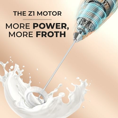 Electric milk frother with splash effect and text 'More Power, More Froth'.