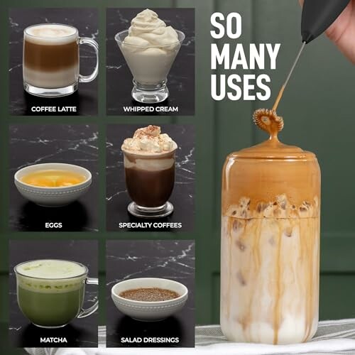 Various uses of a milk frother including coffee latte, whipped cream, eggs, specialty coffees, matcha, and salad dressings.