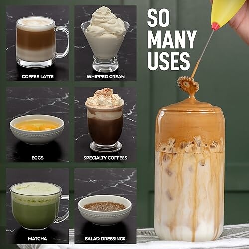 Various uses of a milk frother including coffee, whipped cream, eggs, and more.