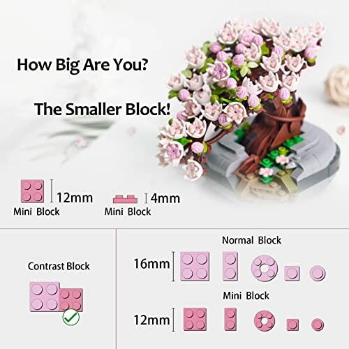 Comparison of mini and normal building blocks with a cherry blossom tree model.