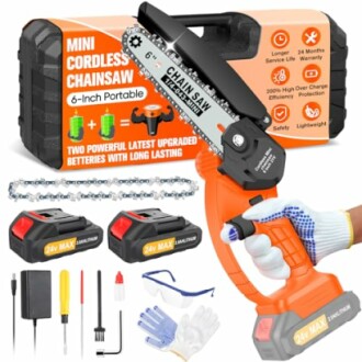 Mini cordless chainsaw kit with accessories including batteries, charger, and gloves.