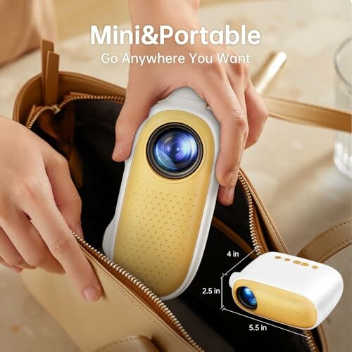 The compact mini projector being placed into a handbag for easy carrying