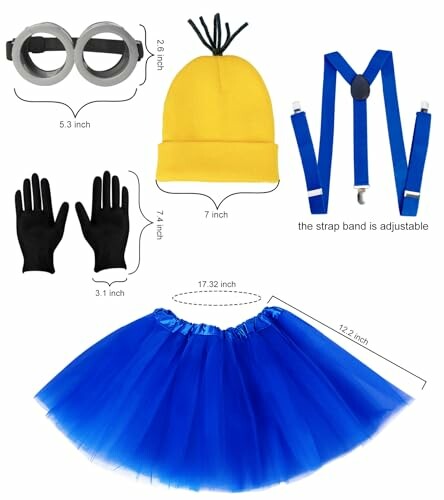 Minion costume accessories including goggles, yellow hat, blue suspenders, gloves, and blue tutu.