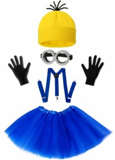 Minion-inspired costume with yellow hat, goggles, gloves, and blue tutu.