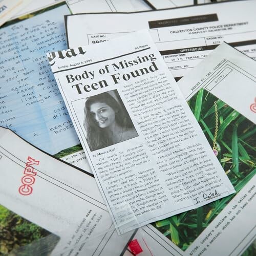 Newspaper clipping with headline 'Body of Missing Teen Found' on top of various documents.