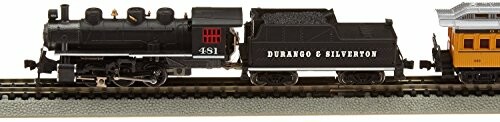 Model steam train on tracks with Durango & Silverton label